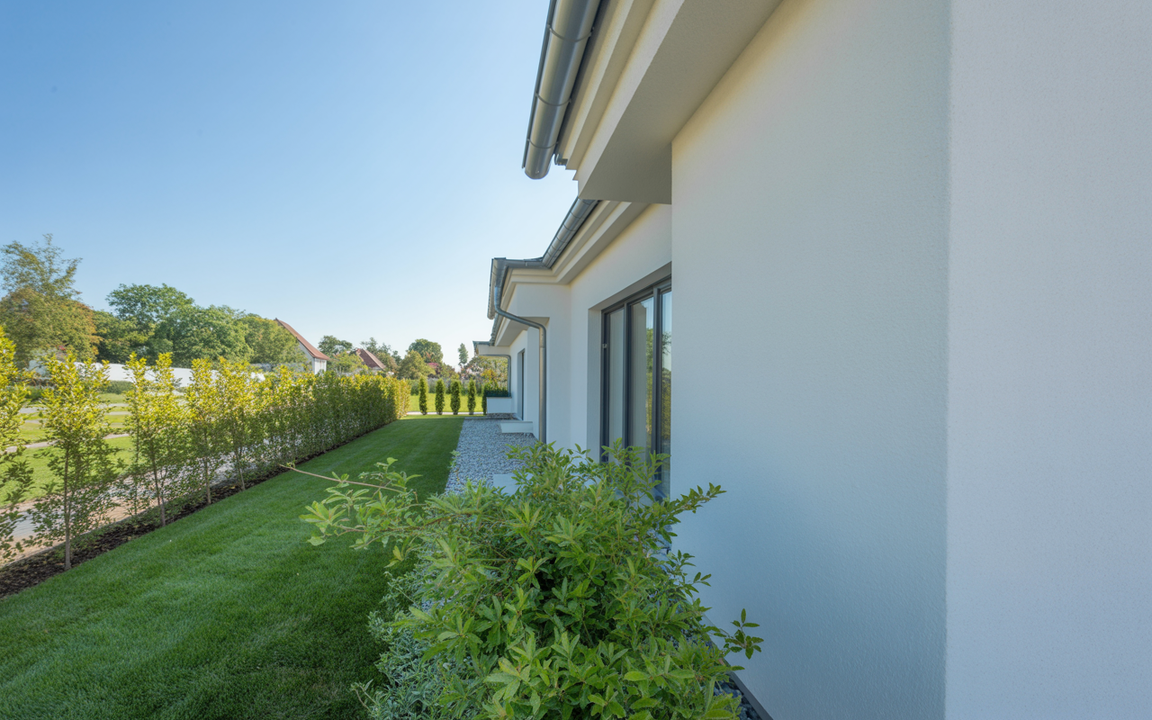 Modernes Einfamilienhaus mit frisch gestrichener weißer Fassade